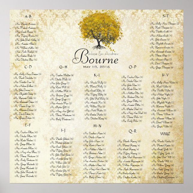 Affiche Arbre de coeur jaune 100 à 150 invités alphabétiqu (Devant)