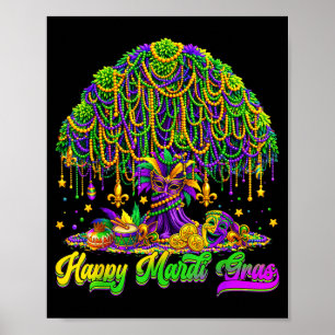 Affiche Arbre de Mardi Gras heureux Perles Masque Carnaval