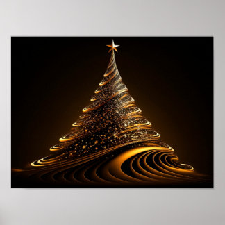 Affiche Arbre de Noël Abstrait en lignes dorées