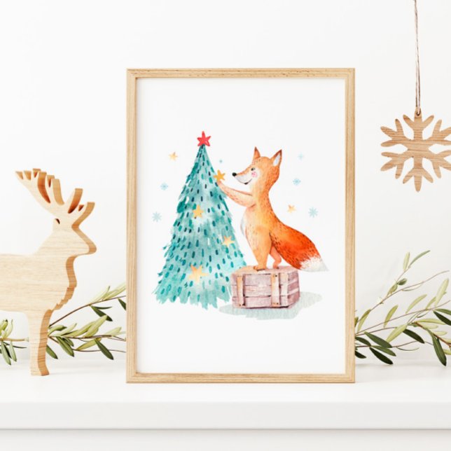 Affiche Arbre de Noël aquarelle et renard mignon (Créateur téléchargé)