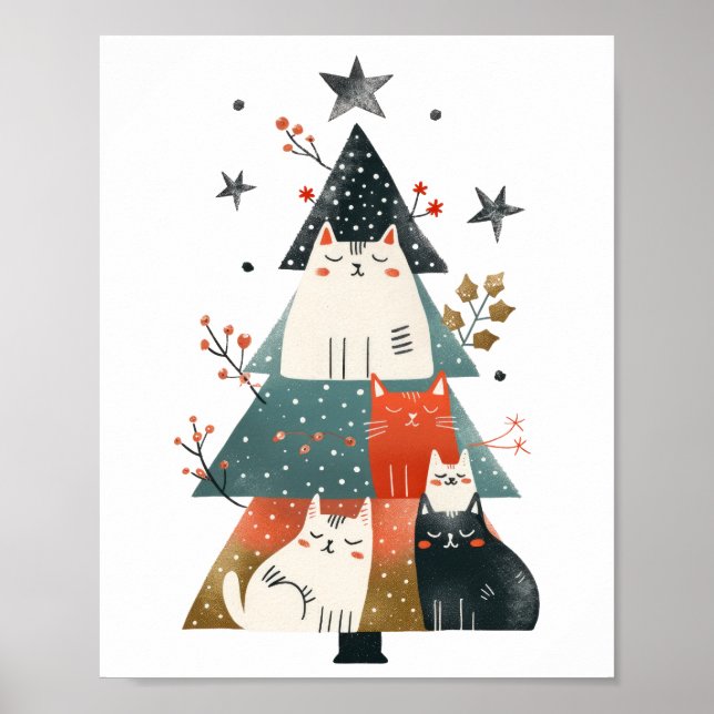 Affiche Arbre de Noël aux chats fantaisistes à l'aquarelle (Devant)