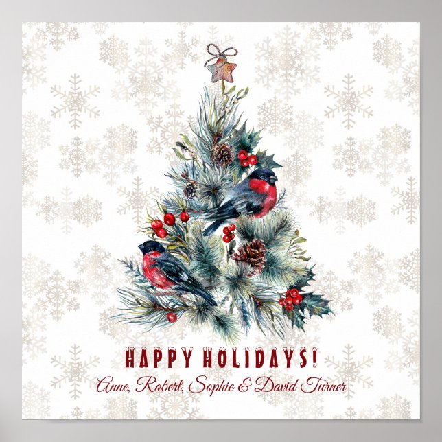 Affiche Arbre de Noël Berries voeux de vacances Monogramme (Devant)