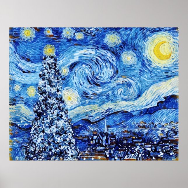 Affiche Arbre de Noël blanc - Nuit étoilée de Van Gogh Pos (Devant)