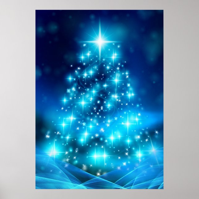 Affiche Arbre de Noël bleu électrique moderne avec lumière (Devant)