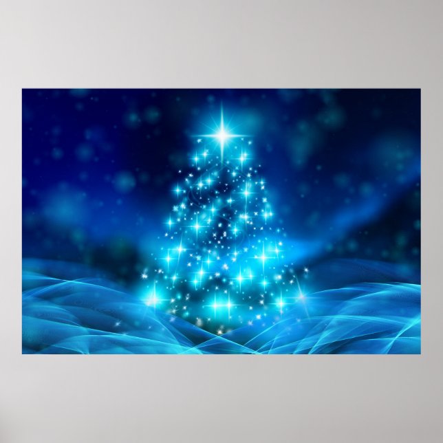 Affiche Arbre de Noël bleu électrique moderne avec lumière (Devant)