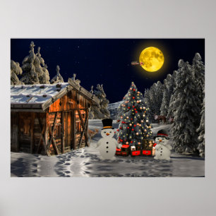 Affiche Arbre de Noël Cottage en bois Pleine lune de Snowm