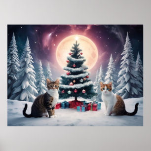 Affiche Arbre de Noël couvert de neige avec chats