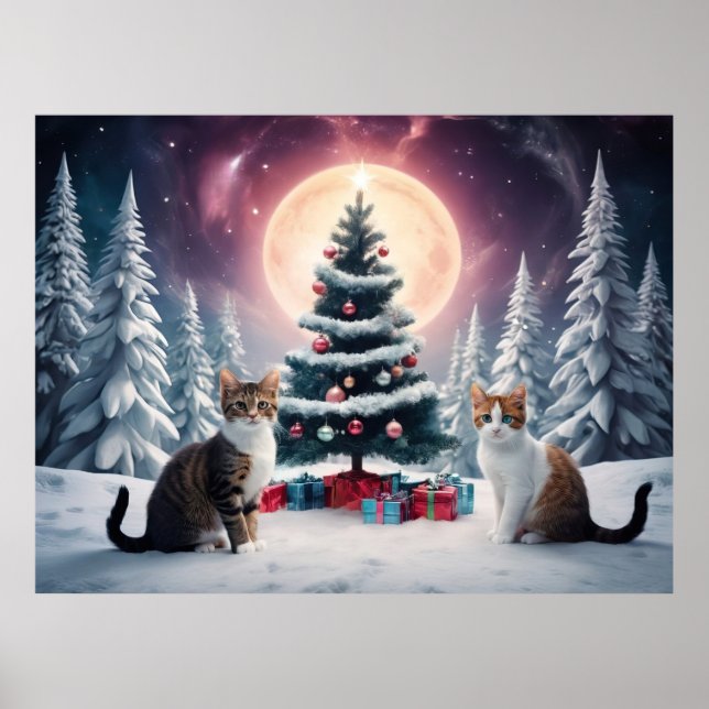Affiche Arbre de Noël couvert de neige avec chats (Devant)