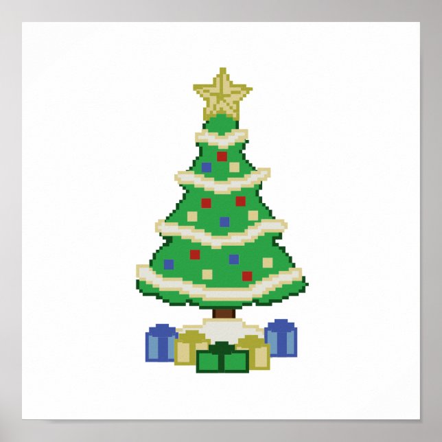 Affiche Arbre de Noël décoré 8 bits jeu vidéo Style Pos (Devant)