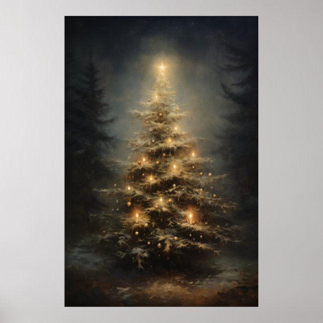 Affiche Arbre De Noël Décoré En Forêt La Nuit (Devant)