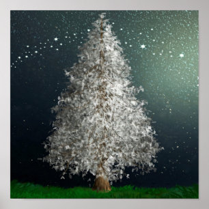 Affiche Arbre de Noël en argent blanc, étoiles brillantes
