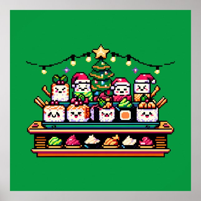 Affiche Arbre de Noël en Sushi Festif - Art Pixel mignon (Devant)