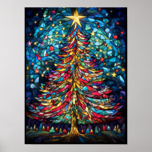 Affiche Arbre de Noël en verre coloré sous une étoile doré