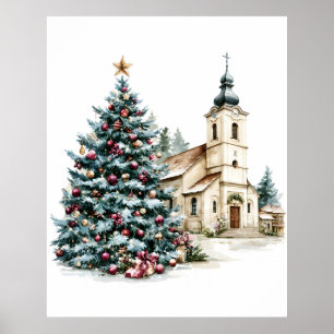 Affiche Arbre de Noël et église de village