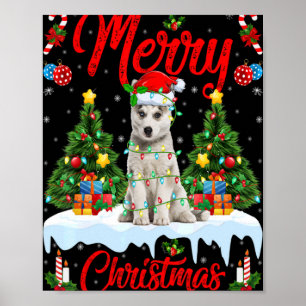 Affiche Arbre de Noël lumières Santa Chien Husky Sibérien