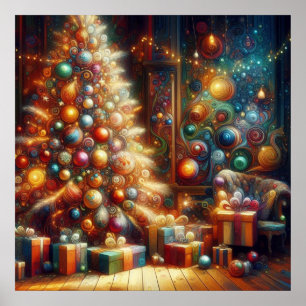 Affiche Arbre de Noël Rétro Avec Cadeaux Sous le Mur