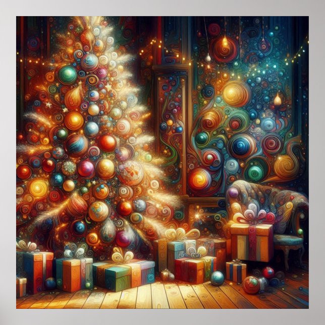 Affiche Arbre de Noël Rétro Avec Cadeaux Sous le Mur (Devant)