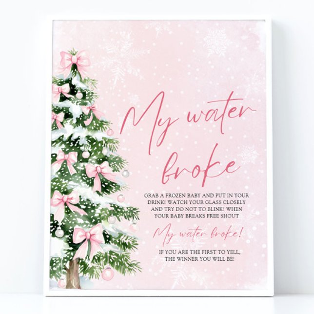 Affiche Arbre de Noël Ruban Rose Ma Source a Craqué Baby S (Pink Bow Christmas Tree My Water Broke Baby Shower Game Sign)