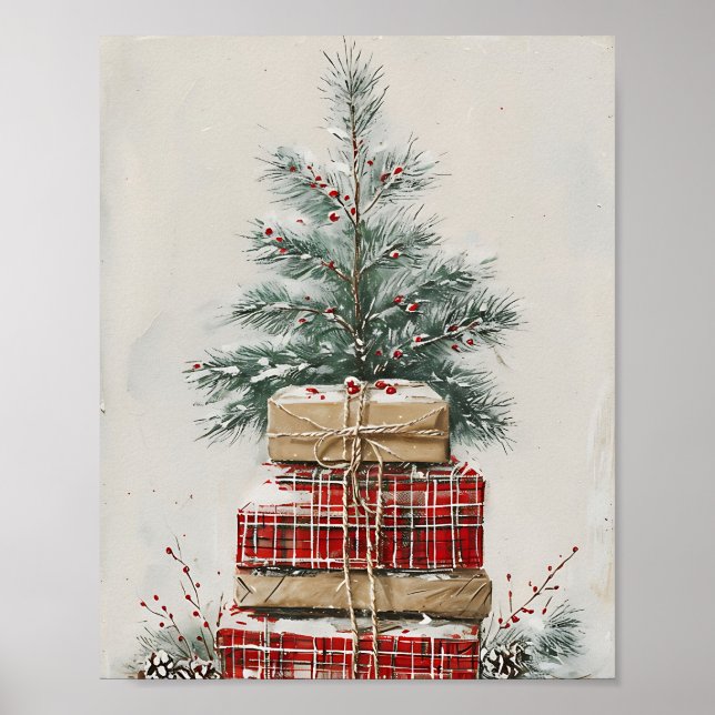 Affiche Arbre de Noël rustique et pile de cadeaux à carrea (Devant)
