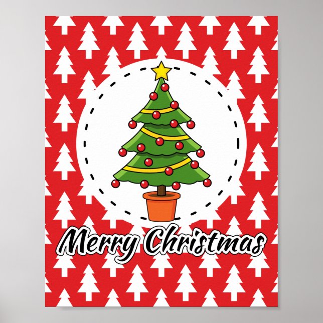 Affiche Arbre de Noël sur le Motif des pins rouges - Joyeu (Devant)