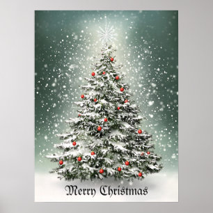 Affiche Arbre de Noël vert Ornements colorés Neige blanche