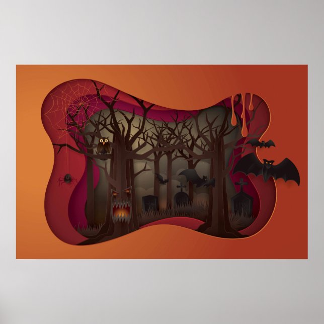 Affiche Arbre de Papier Halloween effrayant dans le cimeti (Devant)