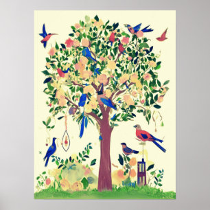 Affiche Arbre de vie avec oiseaux et fleurs