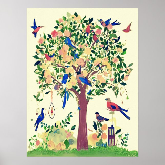 Affiche Arbre de vie avec oiseaux et fleurs (Devant)