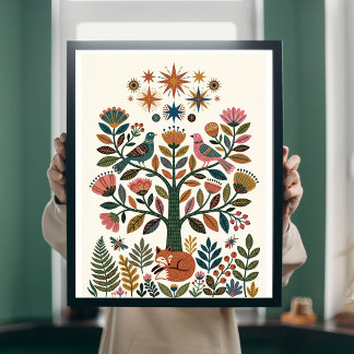 Affiche Arbre de Vie Boho Art Folklorique Paon Céleste