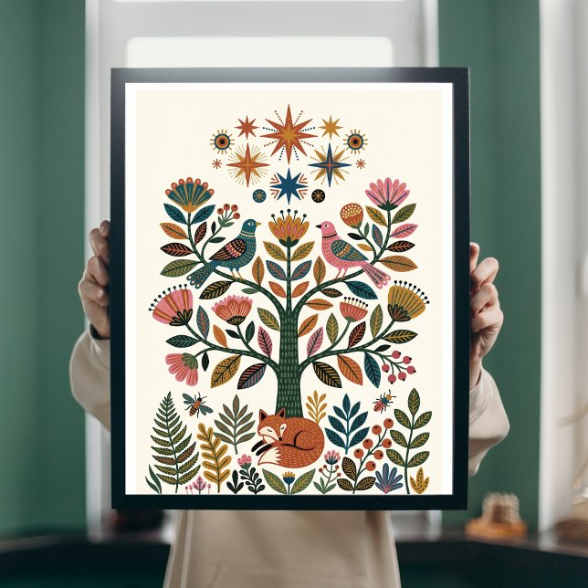 Affiche Arbre de Vie Boho Art Folklorique Paon Céleste (Créateur téléchargé)