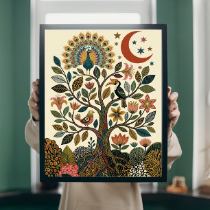 Affiche Arbre de Vie Boho Art Populaire Paon Céleste