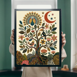 Affiche Arbre de Vie Boho Art Populaire Paon Céleste
