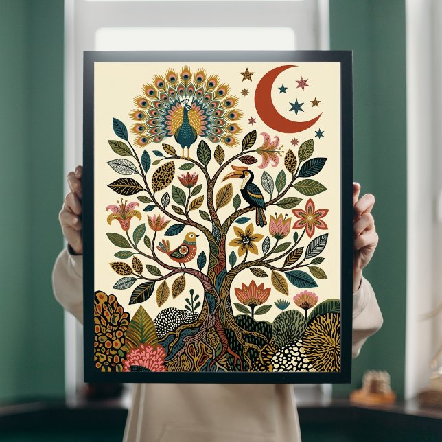 Affiche Arbre de Vie Boho Art Populaire Paon Céleste (Créateur téléchargé)