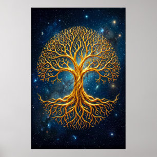 Affiche Arbre de Vie Cosmique Bleu Éthéré Luminescent Myst