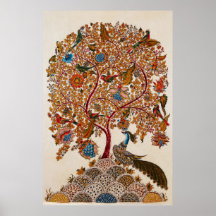 Affiche Arbre de vie Kalamkari vintage avec paon