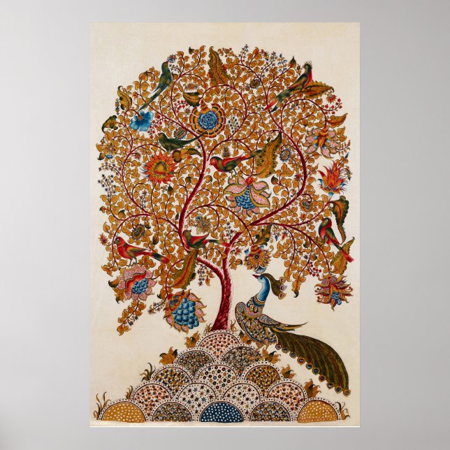 Affiche Arbre de vie Kalamkari vintage avec paon (Devant)