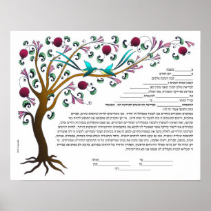 Affiche Arbre de vie Ketubah en hébreu avec 7 grenades
