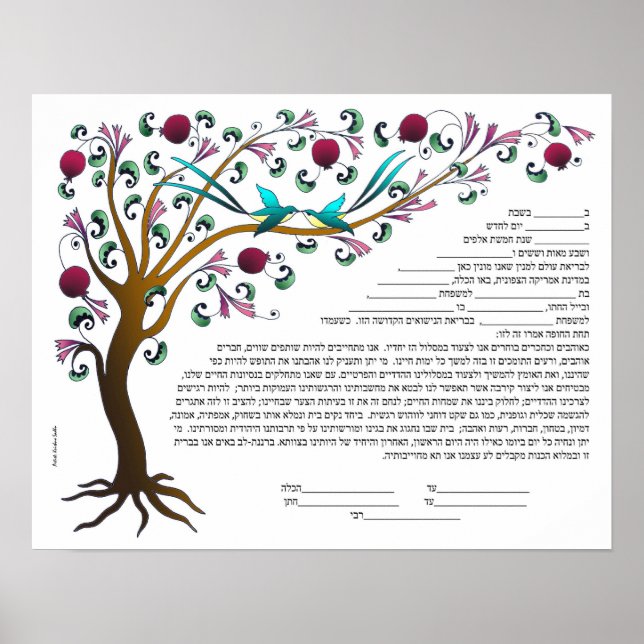 Affiche Arbre de vie Ketubah en hébreu avec 7 grenades (Devant)
