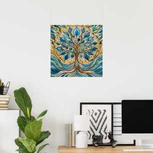Affiche Arbre de Vie Mosaïque de Verre Brisé Bleus Aqua
