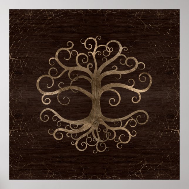 Affiche Arbre de vie Or sur la texture en bois (Devant)