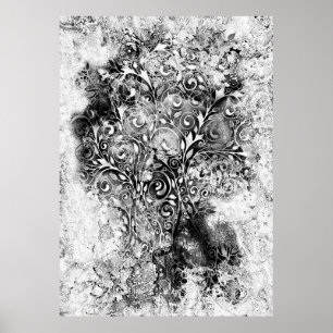 Affiche Arbre De Vie - Spirales Feuille Grunge Style 1
