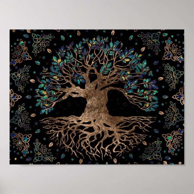 Affiche Arbre de vie - Yggdrasil doré et ornement de marbr (Devant)