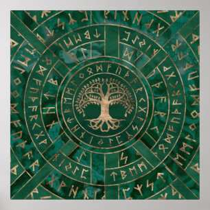 Affiche Arbre de vie - Yggdrasil et Futhark - Malachite