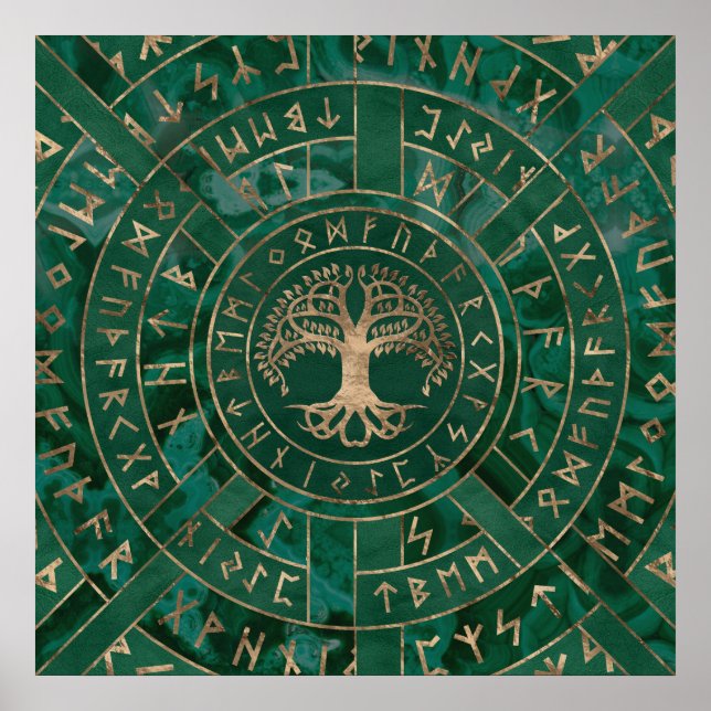 Affiche Arbre de vie - Yggdrasil et Futhark - Malachite (Devant)