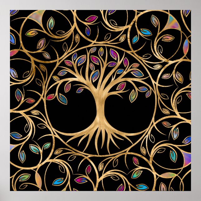 Affiche Arbre de vie - Yggdrasil - feuille coloré (Devant)