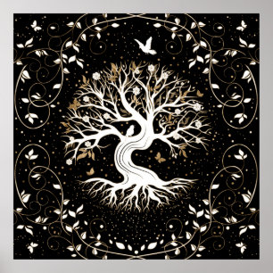 Affiche Arbre de vie - Yggdrasil - noir blanc et or