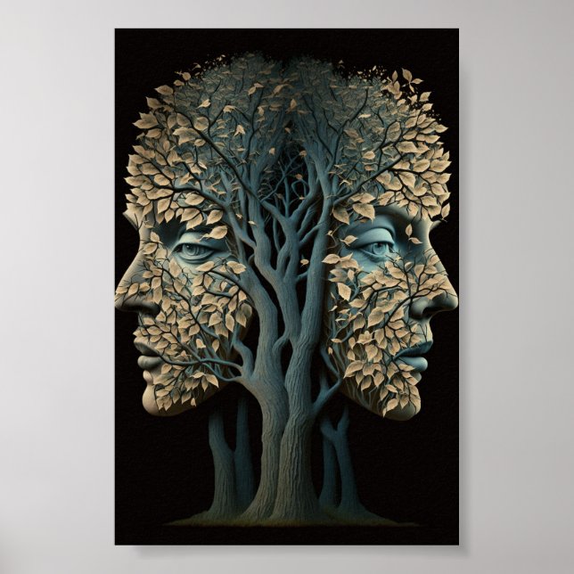 Affiche Arbre D'Illusion Optique Face Avec Feuilles (Devant)