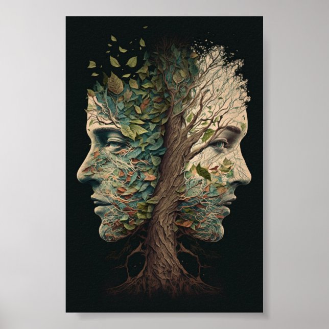 Affiche Arbre D'Illusion Optique Face Avec Feuilles (Devant)