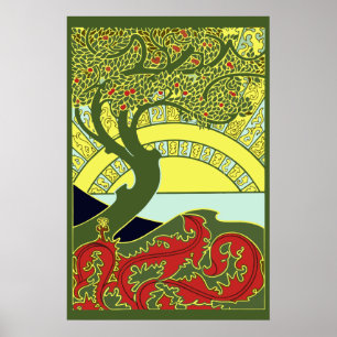 Affiche Arbre et coucher de soleil Art Nouveau vintage par