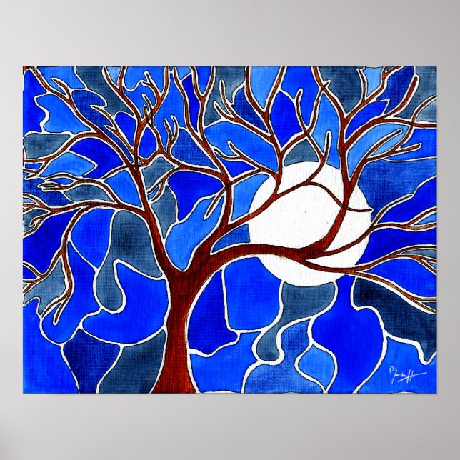 Affiche Arbre et Lune sur toile - Bleu (Devant)